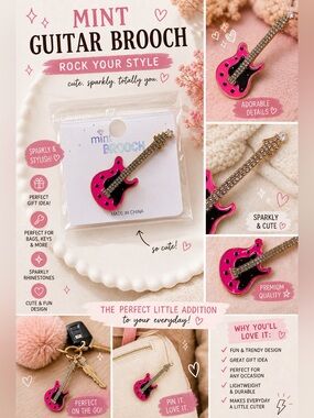 Pink Guitar Brooch Pin Sparkly Rhinestone Cute Y2K Rocker Aesthetic Gift